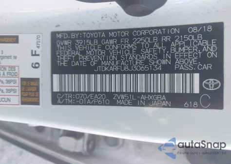 2018 Toyota Prius Four z USA, uszkodzony, nr VIN JTDKARFU8J3065134